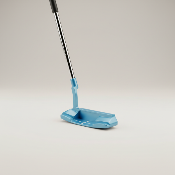 Professional e-commerce product photography of a **brandless** Nebula Putter Pro Edition 34 Inch (Precision putter with a glossy sky finish and tour alignment aids.). The entire environment is a perfectly uniform, flat, solid color #EAE9E7 (light warm gray) with absolutely no gradient, vignette, spotlighting, texture, noise, or grain. The object is centered and tiny, occupying only 25% of the frame, surrounded by massive negative space. The background and floor are a seamless, infinite cyclorama of solid color #EAE9E7 with no horizon line, no corner, and no visible wall/floor transition. Lighting: ultra-even high-key with very strong global illumination and soft, multi-directional bounced fill (studio light tent look). Bright exposure (lifted midtones and shadows, low contrast), slightly overexposed overall while preserving product detail. Fully diffuse, no hard shadows, no cast shadows; at most a barely visible neutral contact shadow. No harsh specular highlights. Framing: simple 3/4 view. Perfectly centered. Style: ultra-clean, minimalistic. No logos, no text, no distractions. 8k resolution, sharp details on the object.