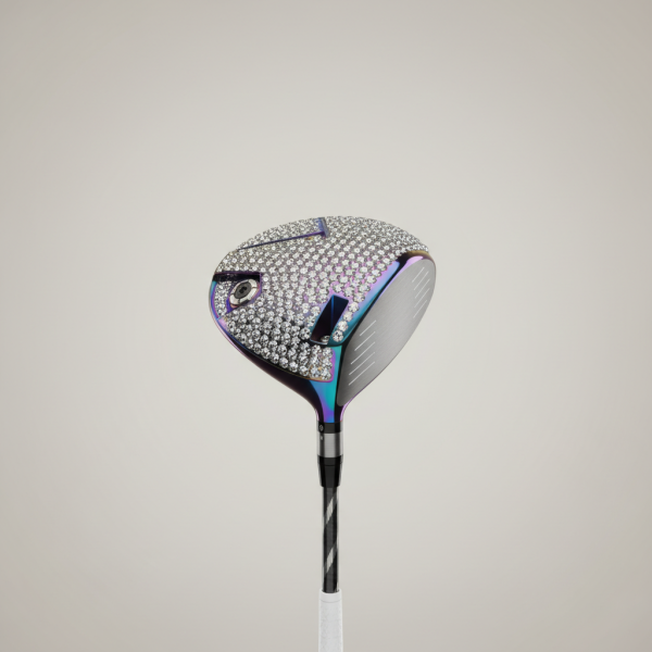 Professional e-commerce product photography of a **brandless** Diamond Drive 460 Driver Elite Series (Custom blinged-out 460cc driver designed for distance with a head turning finish.). The entire environment is a perfectly uniform, flat, solid color #EAE9E7 (light warm gray) with absolutely no gradient, vignette, spotlighting, texture, noise, or grain. The object is centered and tiny, occupying only 25% of the frame, surrounded by massive negative space. The background and floor are a seamless, infinite cyclorama of solid color #EAE9E7 with no horizon line, no corner, and no visible wall/floor transition. Lighting: ultra-even high-key with very strong global illumination and soft, multi-directional bounced fill (studio light tent look). Bright exposure (lifted midtones and shadows, low contrast), slightly overexposed overall while preserving product detail. Fully diffuse, no hard shadows, no cast shadows; at most a barely visible neutral contact shadow. No harsh specular highlights. Framing: simple 3/4 view. Perfectly centered. Style: ultra-clean, minimalistic. No logos, no text, no distractions. 8k resolution, sharp details on the object.