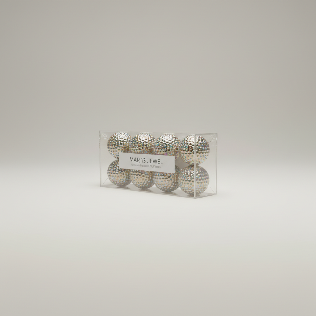 Professional e-commerce product photography of a **brandless** Mar 13 Jewel Golf Ball 12 Pack (Premium distance golf balls with a blinged-out finish for standout rounds.). The entire environment is a perfectly uniform, flat, solid color #EAE9E7 (light warm gray) with absolutely no gradient, vignette, spotlighting, texture, noise, or grain. The object is centered and tiny, occupying only 25% of the frame, surrounded by massive negative space. The background and floor are a seamless, infinite cyclorama of solid color #EAE9E7 with no horizon line, no corner, and no visible wall/floor transition. Lighting: ultra-even high-key with very strong global illumination and soft, multi-directional bounced fill (studio light tent look). Bright exposure (lifted midtones and shadows, low contrast), slightly overexposed overall while preserving product detail. Fully diffuse, no hard shadows, no cast shadows; at most a barely visible neutral contact shadow. No harsh specular highlights. Framing: simple 3/4 view. Perfectly centered. Style: ultra-clean, minimalistic. No logos, no text, no distractions. 8k resolution, sharp details on the object.