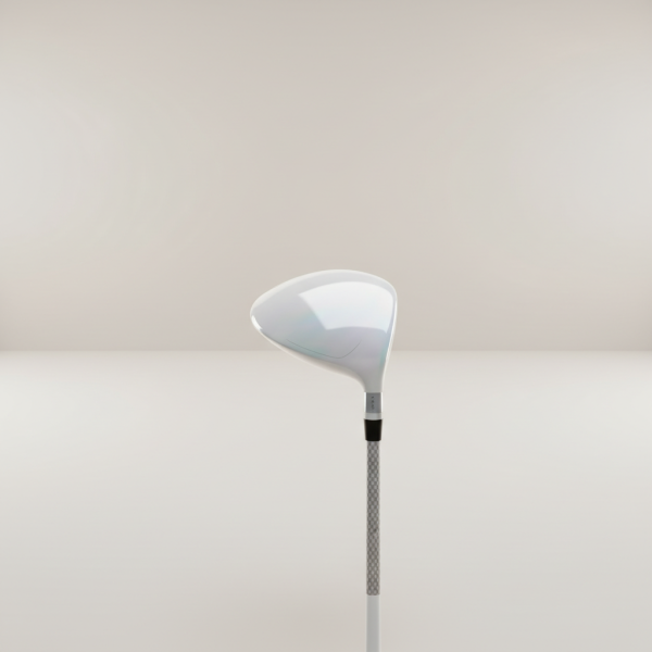 Professional e-commerce product photography of a **brandless** Aurora Fairway Wood Performance 43 Inch (Bright finish fairway wood built for clean contact and long carries.). The entire environment is a perfectly uniform, flat, solid color #EAE9E7 (light warm gray) with absolutely no gradient, vignette, spotlighting, texture, noise, or grain. The object is centered and tiny, occupying only 25% of the frame, surrounded by massive negative space. The background and floor are a seamless, infinite cyclorama of solid color #EAE9E7 with no horizon line, no corner, and no visible wall/floor transition. Lighting: ultra-even high-key with very strong global illumination and soft, multi-directional bounced fill (studio light tent look). Bright exposure (lifted midtones and shadows, low contrast), slightly overexposed overall while preserving product detail. Fully diffuse, no hard shadows, no cast shadows; at most a barely visible neutral contact shadow. No harsh specular highlights. Framing: simple 3/4 view. Perfectly centered. Style: ultra-clean, minimalistic. No logos, no text, no distractions. 8k resolution, sharp details on the object.