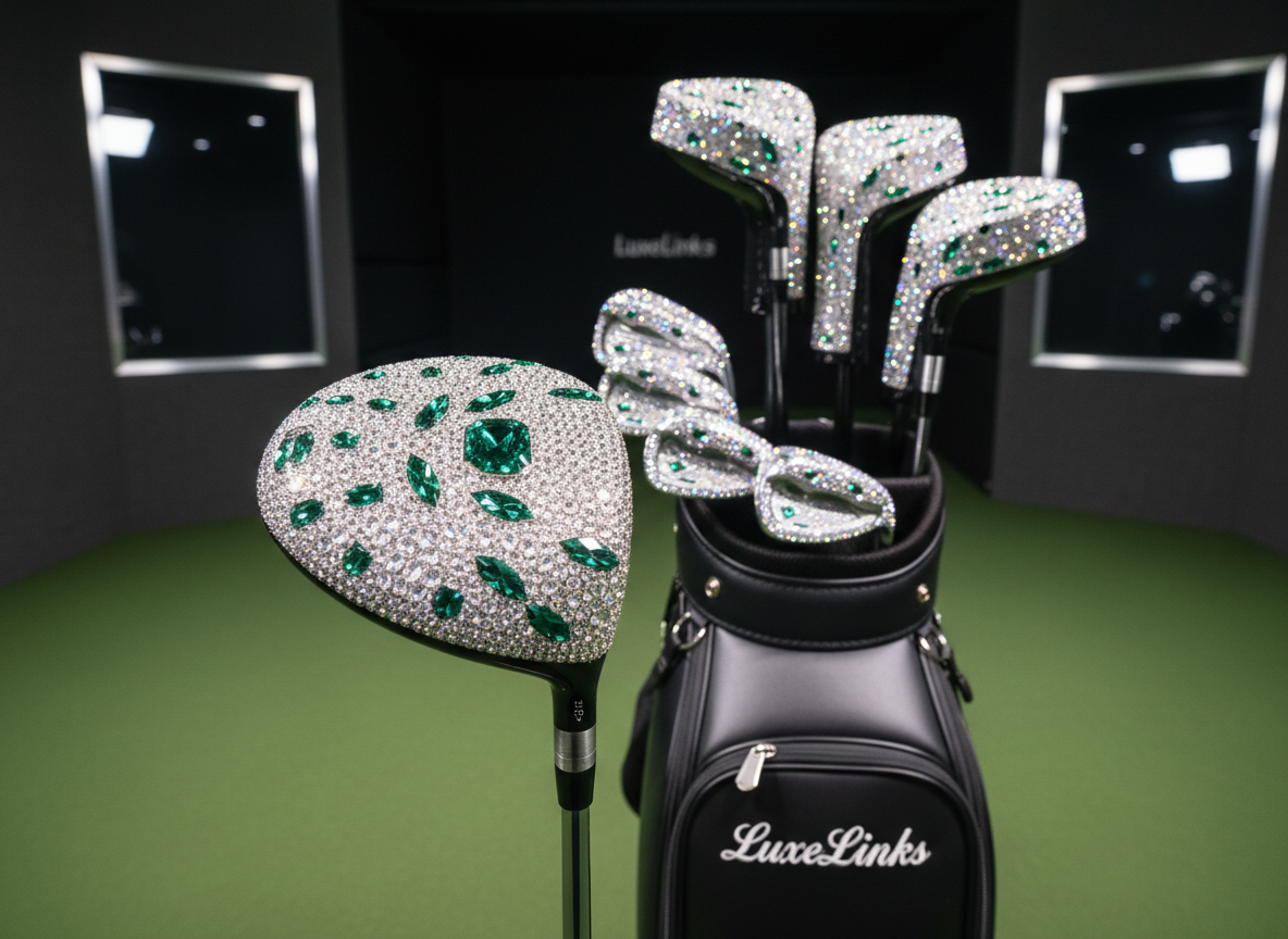 A set of custom blinged-out golf clubs arranged in a sleek black tour bag, each clubhead encrusted with meticulously set clear and emerald-green crystals that catch the light like fine jewelry. The bag rests on a pristine putting green inside a modern indoor simulator bay, surrounded by dark matte walls and subtle chrome accents. Soft studio lighting from above and behind creates crisp reflections along the polished metal shafts and a gentle sparkle effect on every gem. Shot at eye level with a shallow depth of field, the front driver in sharp focus and the rest fading into smooth bokeh. The mood is sophisticated and aspirational, with photographic realism and a clean, high-end aesthetic.